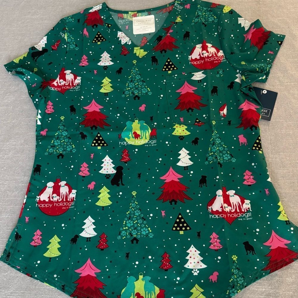Cherokee Christmas Dog Print Holiday Scrubs Top S